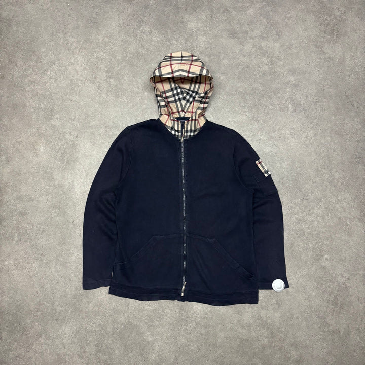 Vintage Burberry Navy Checkered Hooded Full Zip Knit (M)