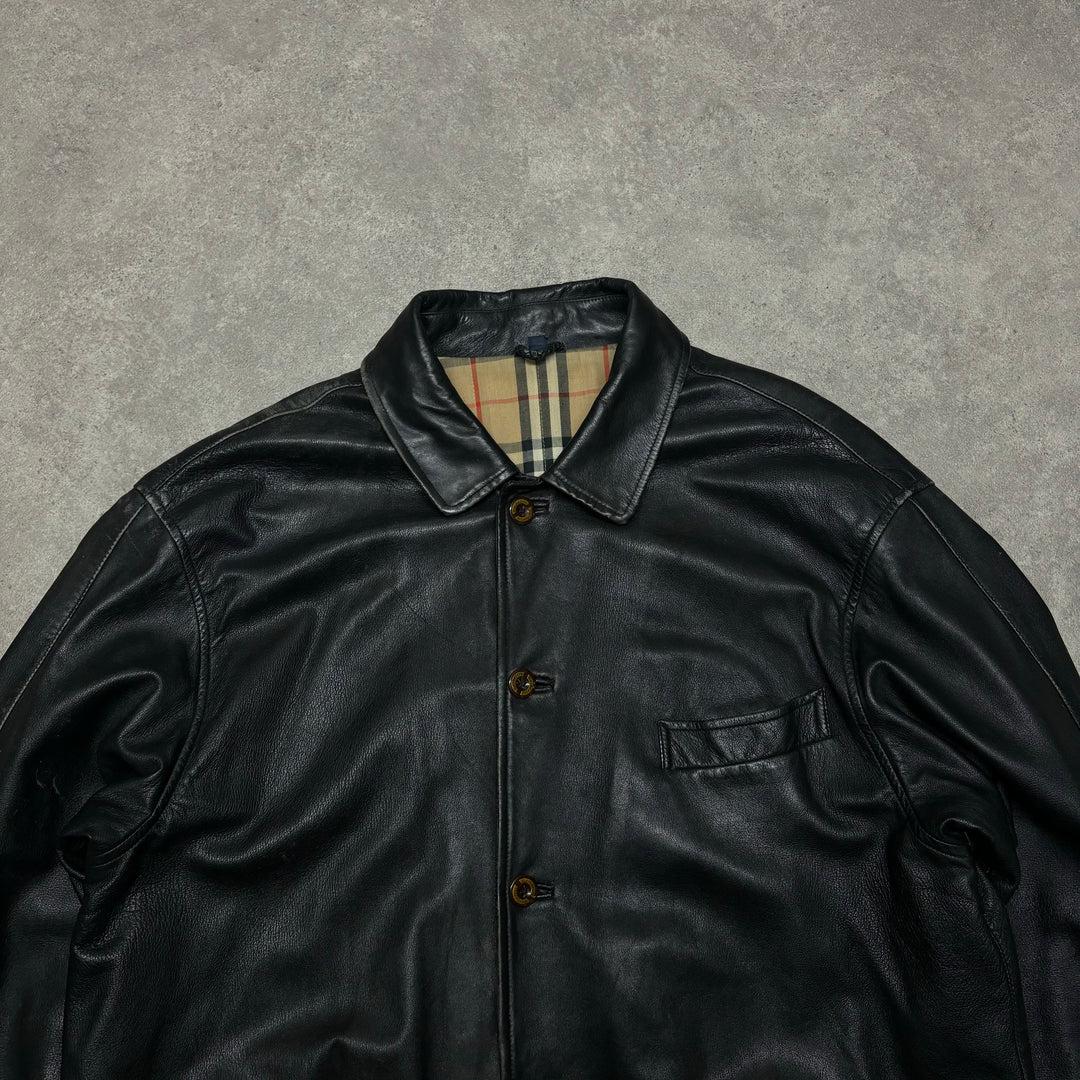 Vintage Burberry Black Leather Overcoat (L)