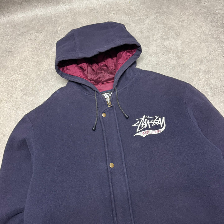 1991 Vintage Stussy Burly Gear Navy Fleece Padded Over Coat (XL)