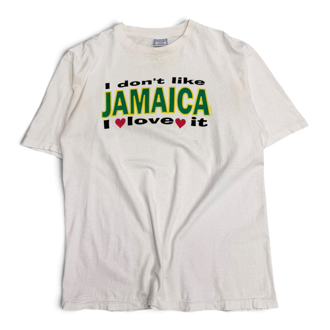 90's Vintage Proweight 'I Don't Like Jamaica I Love It' White Graphic T-shirt (XL)