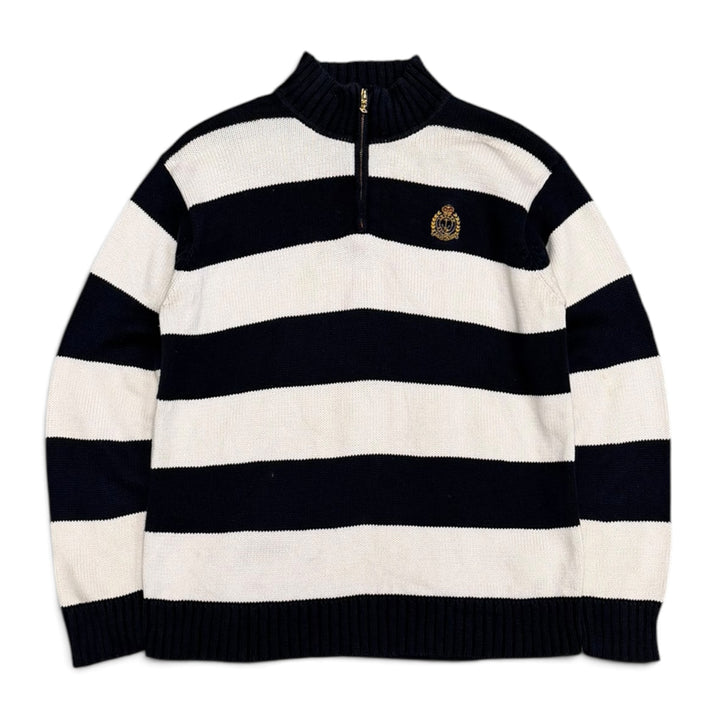 Vintage Polo Ralph Lauren Striped Quarter Zip Jumper White and Navy (S)