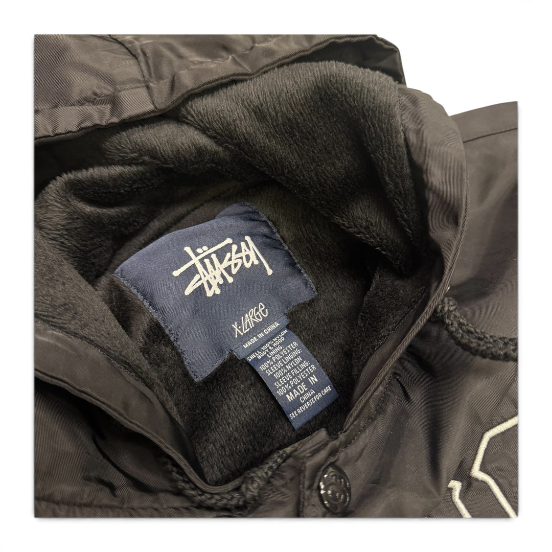 Vintage Stussy Black Spell Out Hooded Coach Jacket (XL)