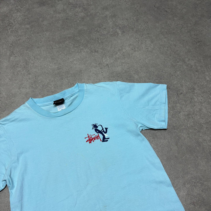 Vintage Stussy Outdoors Light Blue Graphic T-Shirt (XS)