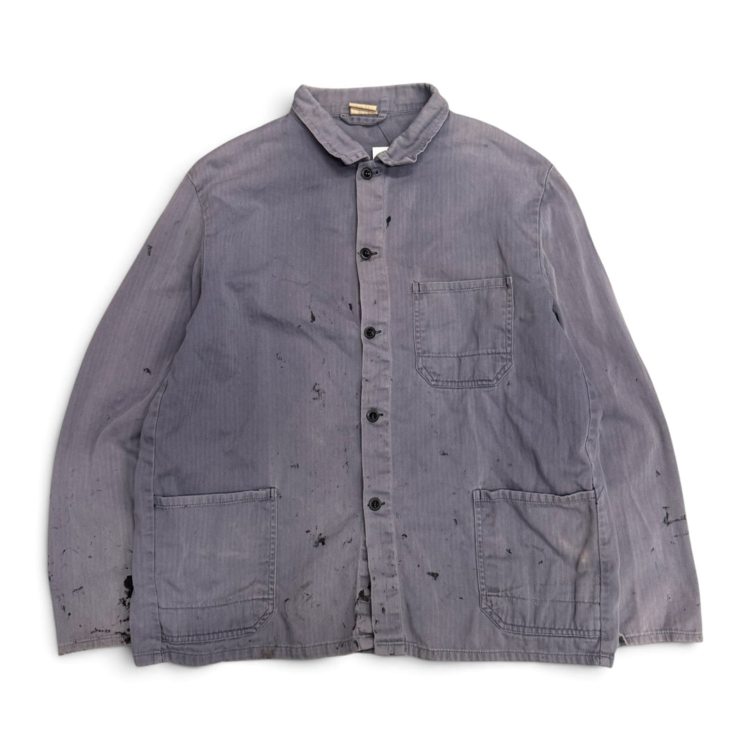 Vintage Distressed Paint Splattered Faded Blue French Chore Jacket (L)