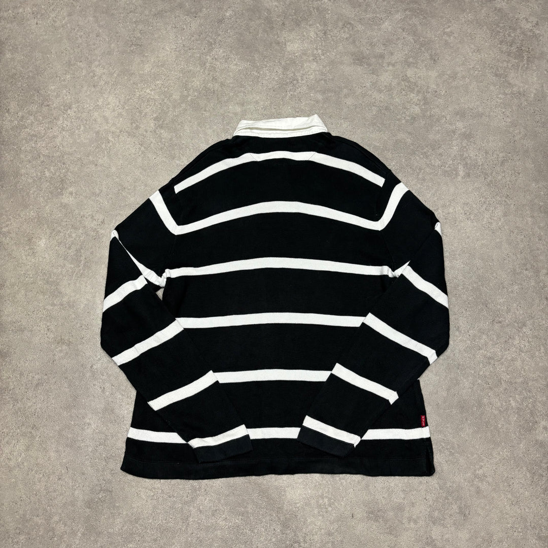 Vintage Polo Sport Ralph Lauren Knitted Black & White Rugby Shirt (XL)