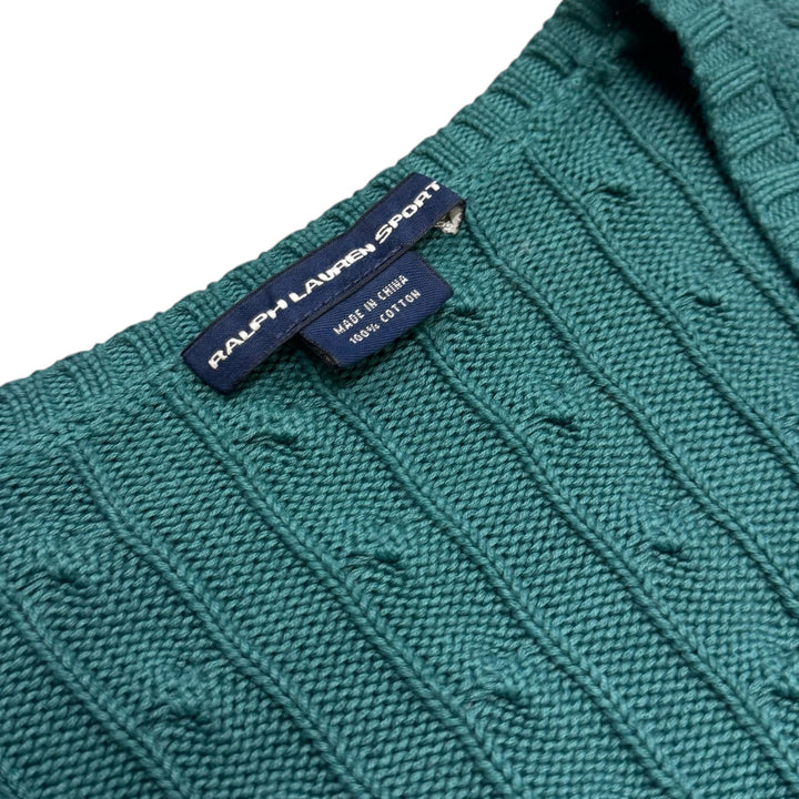 Vintage Polo Ralph Lauren Cable Knitted V Neck Green Sweater (M)
