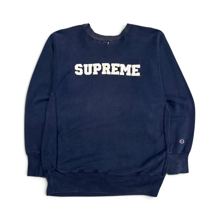 1998 Supreme x Champion Reverse Weave Navy Spell Out Sweatshirt (XL)