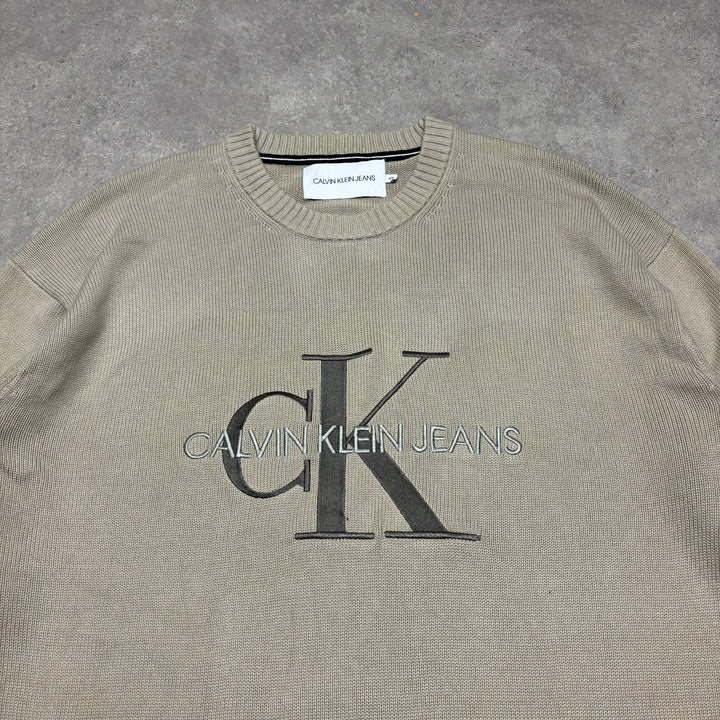 Vintage Calvin Klein Beige Spell Out Knitted Sweatshirt (XXL)