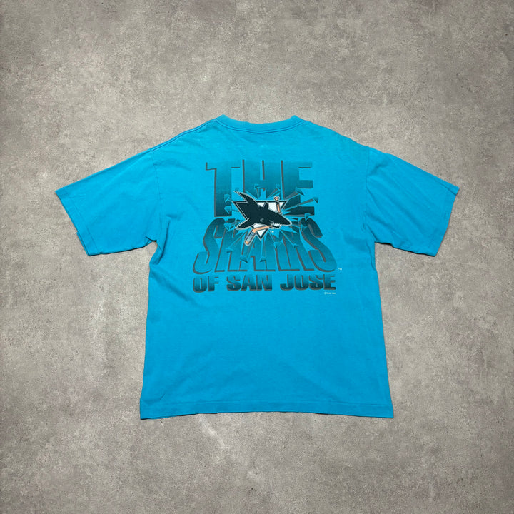 90's Vintage NHL San Jose Team Sharks Blue Graphic T-Shirt (XL)