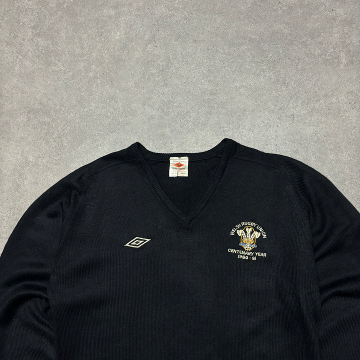 1980/81 Vintage Umbro Wales Rugby Black Knitted Sweater (S)