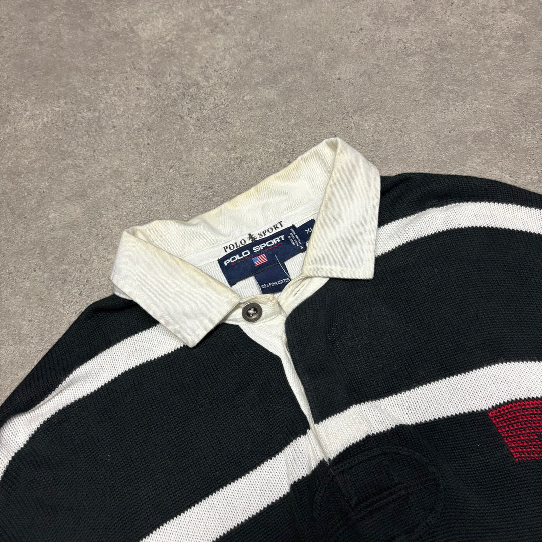 Vintage Polo Sport Ralph Lauren Knitted Black & White Rugby Shirt (XL)