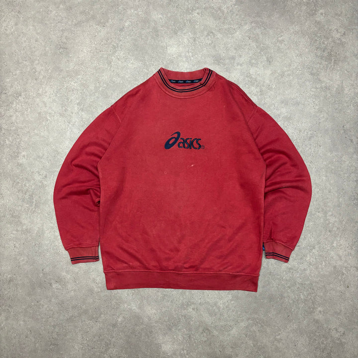 90's Vintage Asics Red Spell Out Sweatshirt (L)