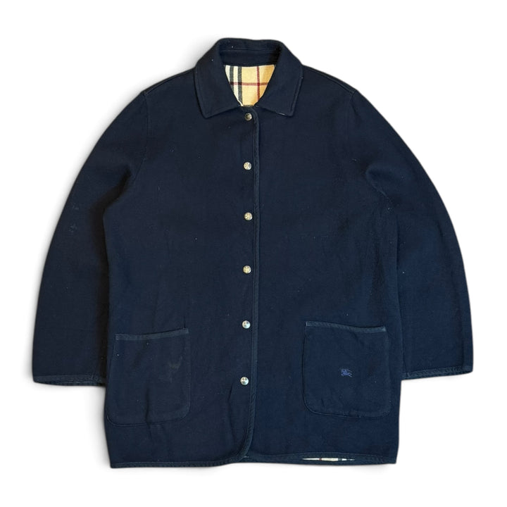 Vintage Burberry Navy Button Up Collared Fleece Jacket (M)