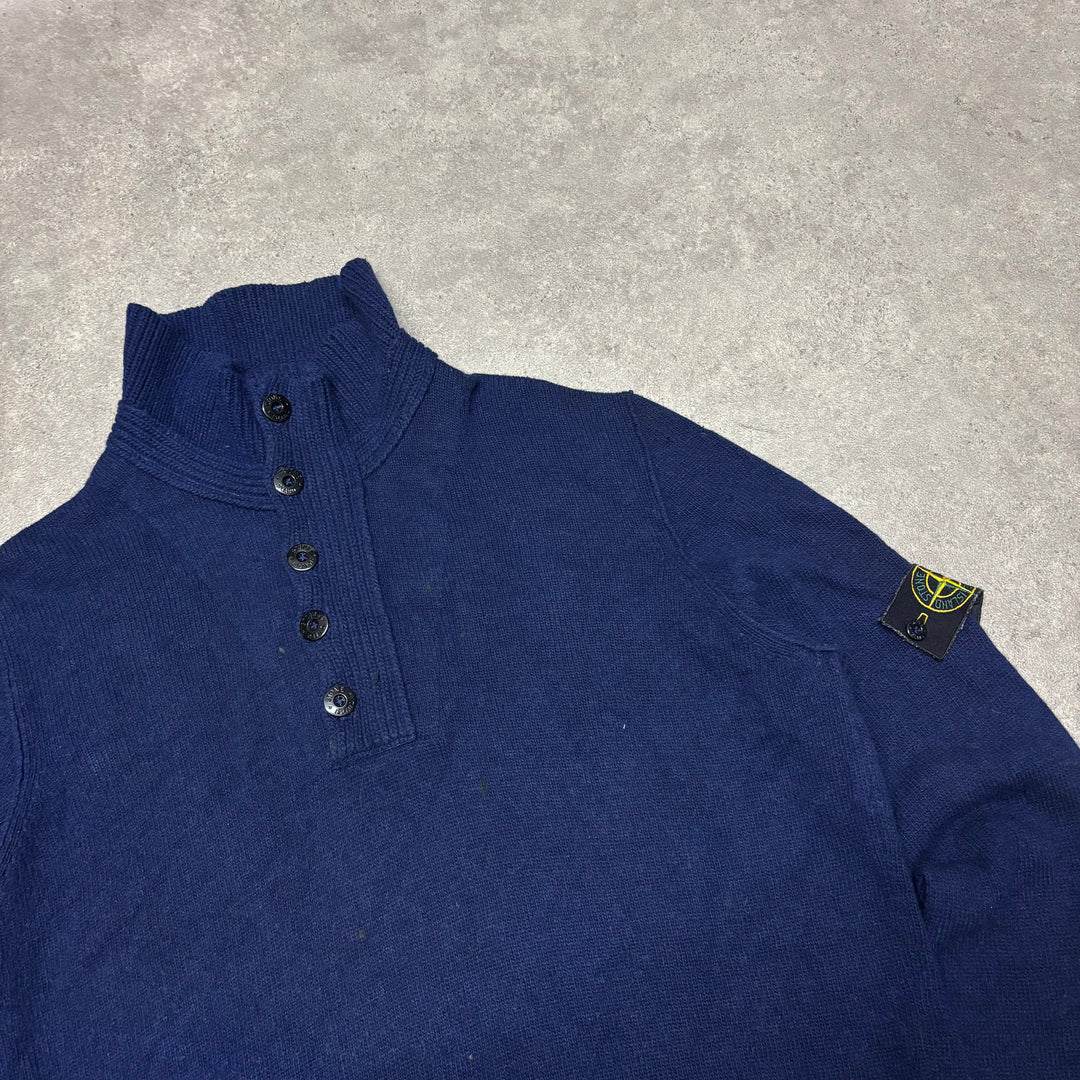 Stone Island Navy Wool Knitted Quarter Button Up (XL)