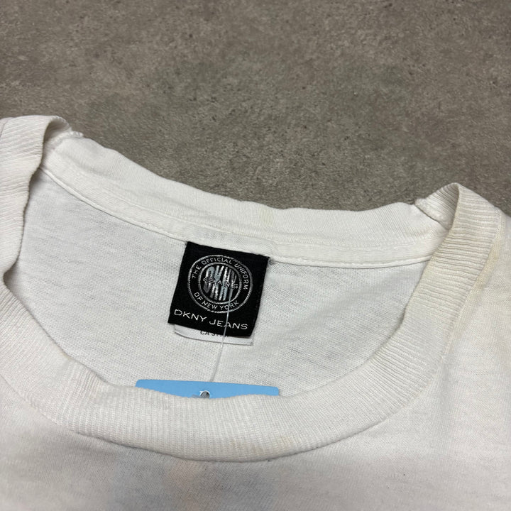 90's Vintage DKNY White Graphic T-Shirt (L)