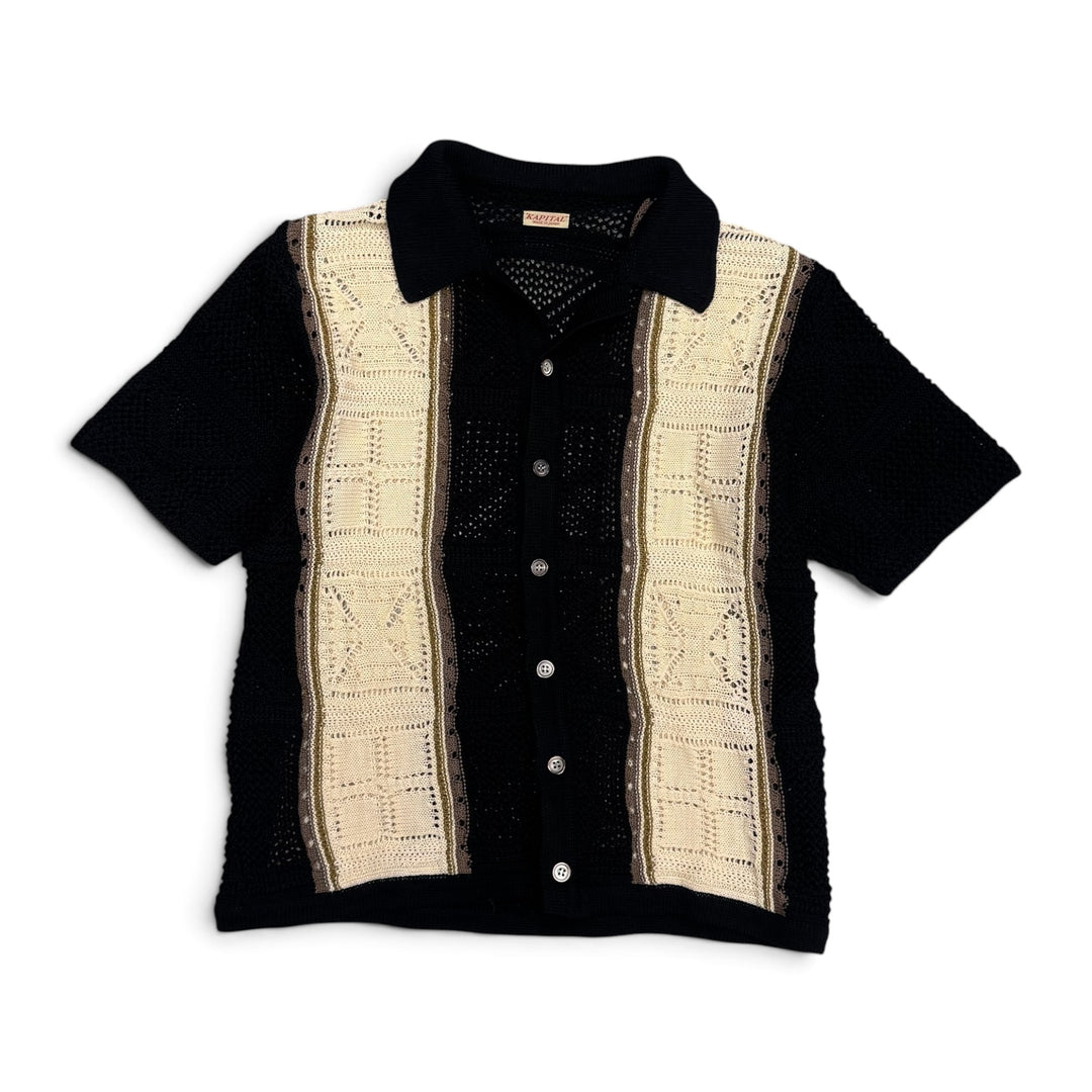 Kapital 12G Crochet Knit Tennessee Aloha Polo Shirt Black (S)