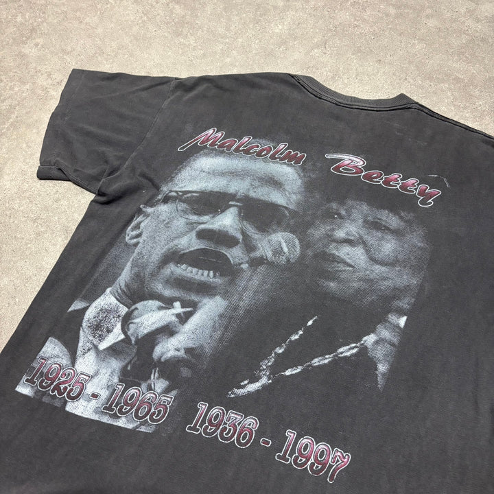 Rare Vintage Malcolm X & Betty Shabazz Washed Black Graphic T-Shirt (L)