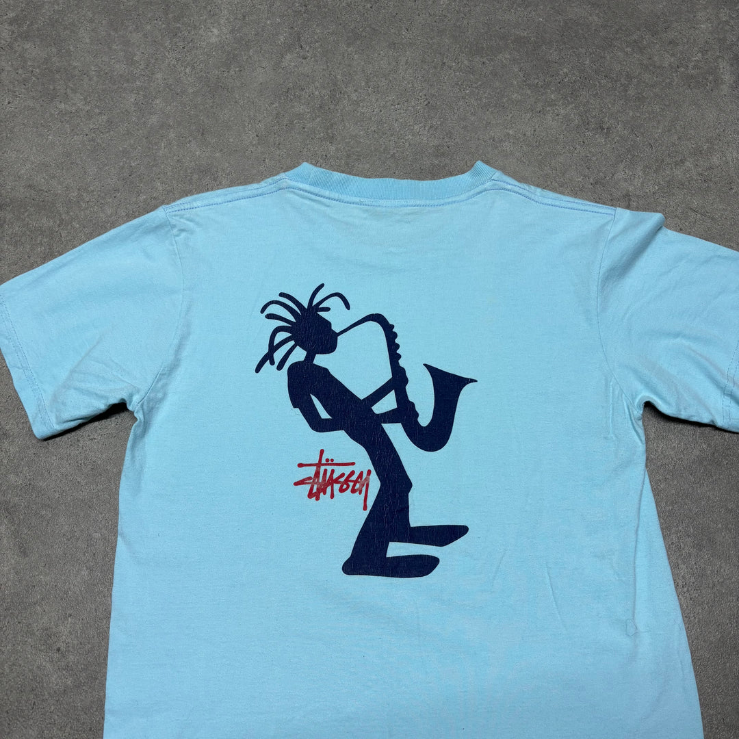 Vintage Stussy Outdoors Light Blue Graphic T-Shirt (XS)