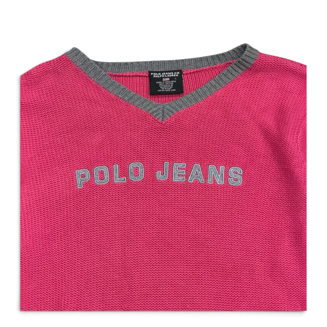Vintage Polo Ralph Jeans V Neck Knitted Jumper Pink (L)