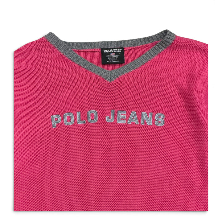 Vintage Polo Ralph Jeans V Neck Knitted Jumper Pink (L)