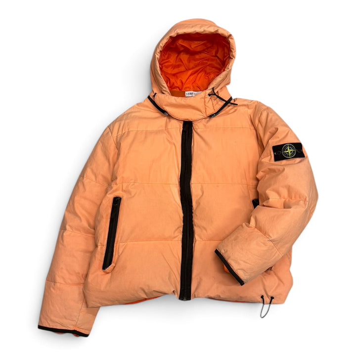 Vintage Stone Island Autumn/Winter 2000 Pink Waxed Cotton Hooded Down Jacket (XL)