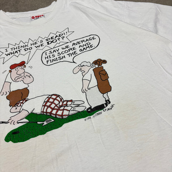 90's Vintage Q-Tees Golf Funny Graphic White T-Shirt (XL)