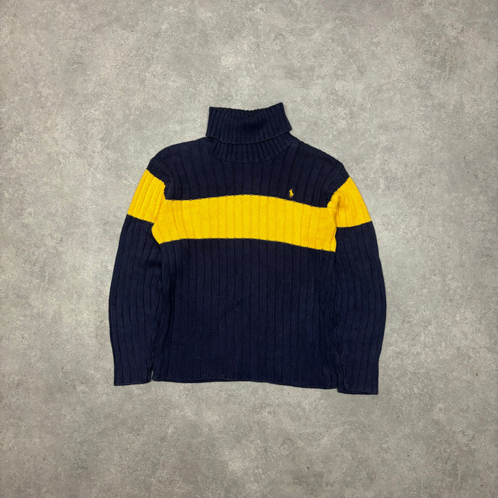 Vintage Polo Ralph Lauren Navy & Yellow Stripy Mock Neck Jumper (S)