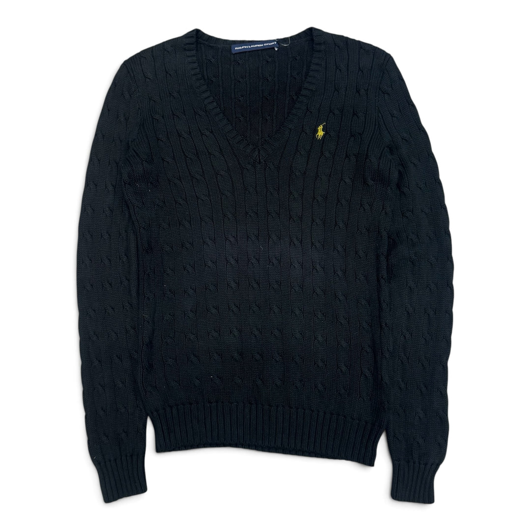 Vintage Polo Ralph Lauren Forest Green Cable Knit V Neck Knitted Jumper (M)