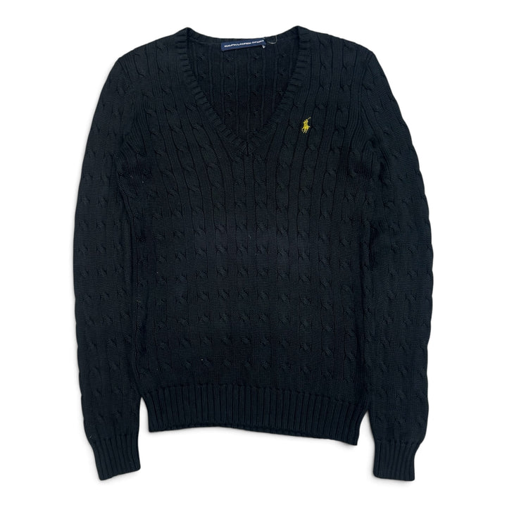 Vintage Polo Ralph Lauren Forest Green Cable Knit V Neck Knitted Jumper (M)