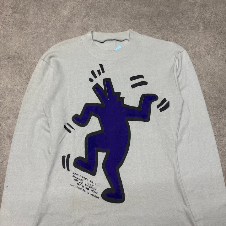 80's Rare Vintage Keith Haring Grey Long Sleeve T-Shirt (S)