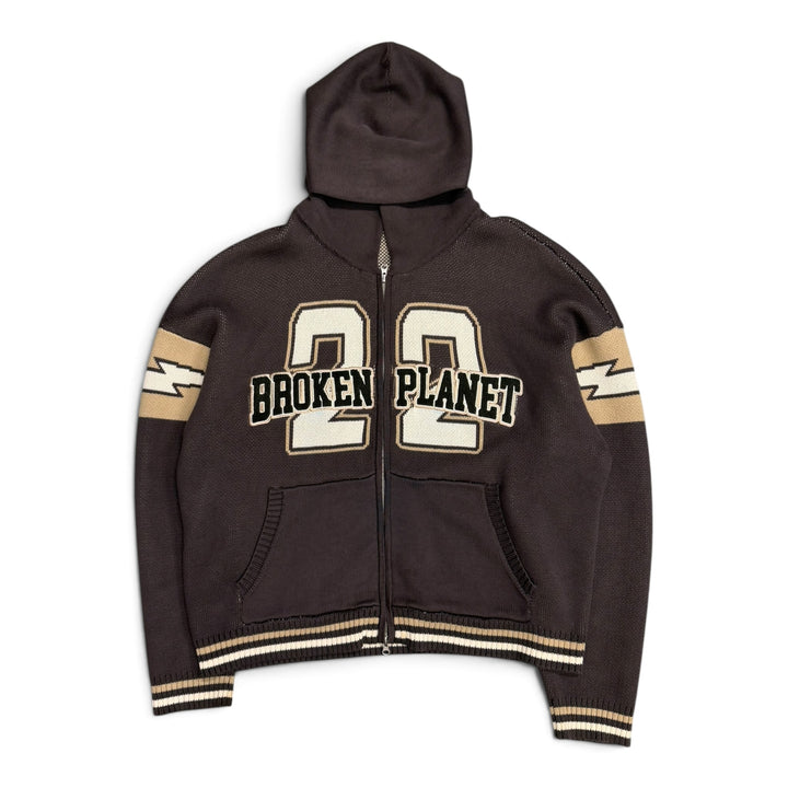 Broken Planet Brown Heavy Knitted Spell Out Zip Up Hoodie (L)