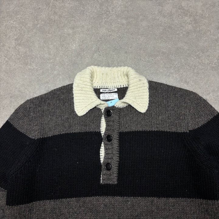 Our Legacy Grey Stripy Chunky Polo Collar Knitted Sweater (M)