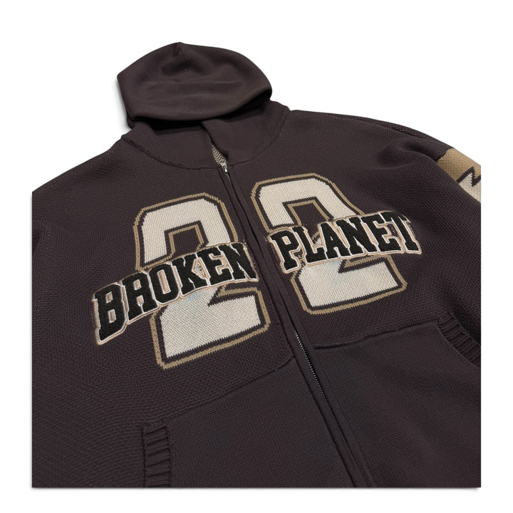 Broken Planet Brown Heavy Knitted Spell Out Zip Up Hoodie (L)