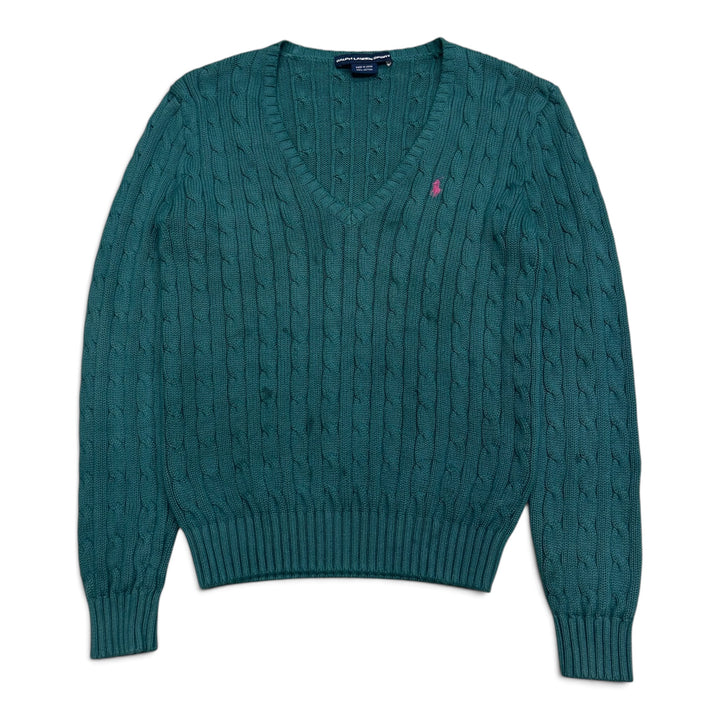Vintage Polo Ralph Lauren Cable Knitted V Neck Green Sweater (M)
