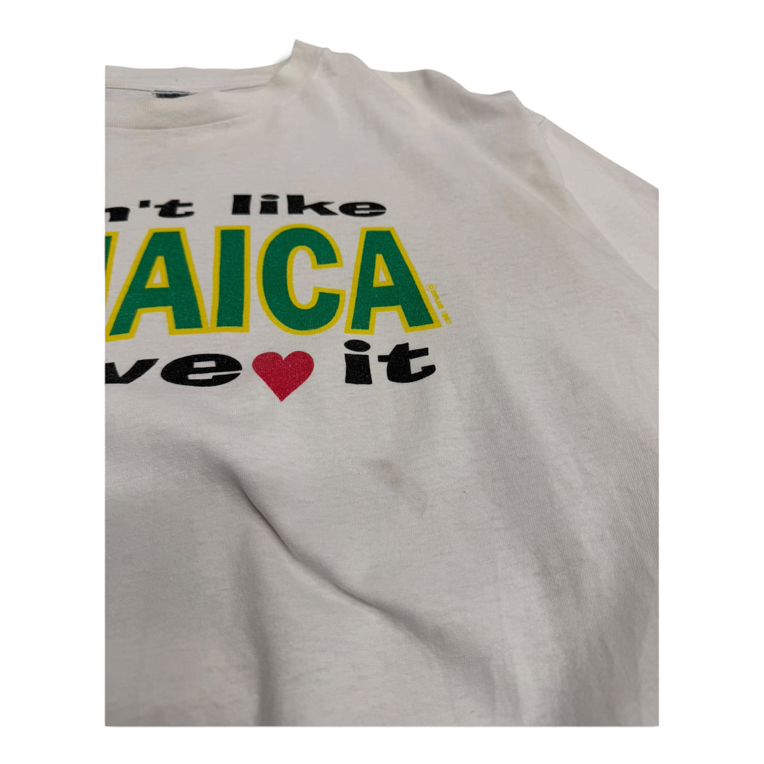 90's Vintage Proweight 'I Don't Like Jamaica I Love It' White Graphic T-shirt (XL)