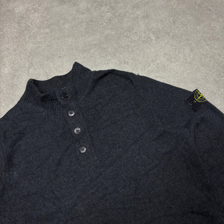 Stone Island Dark Grey Wool Quarter Button Up Knitted Jumper (XXL)