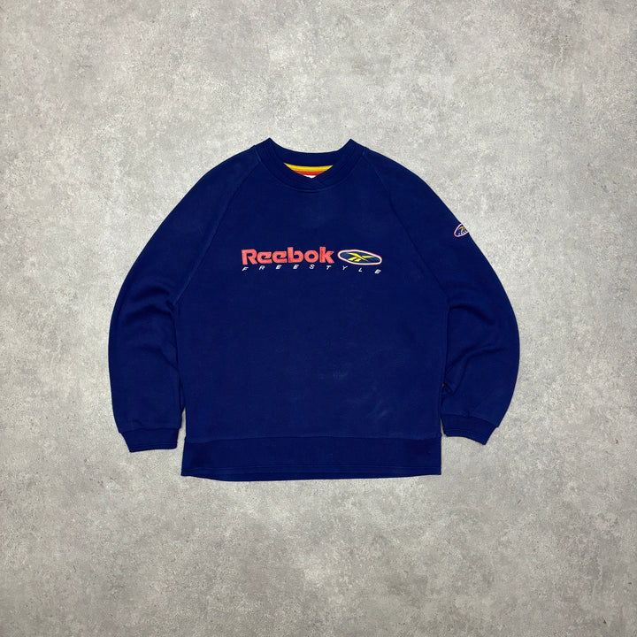 90's Vintage Reebok Blue Spell Out Sweatshirt (S)