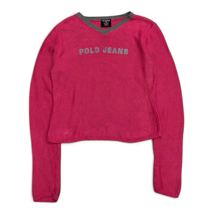 Vintage Polo Ralph Jeans V Neck Knitted Jumper Pink (L)