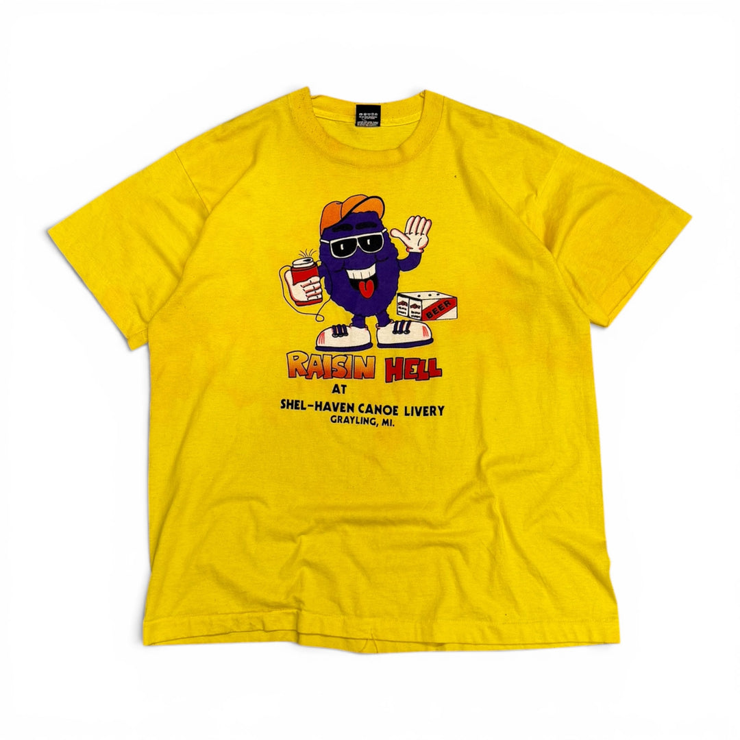 90's Vintage Raisin Hell Yellow Graphic T-Shirt (XL)