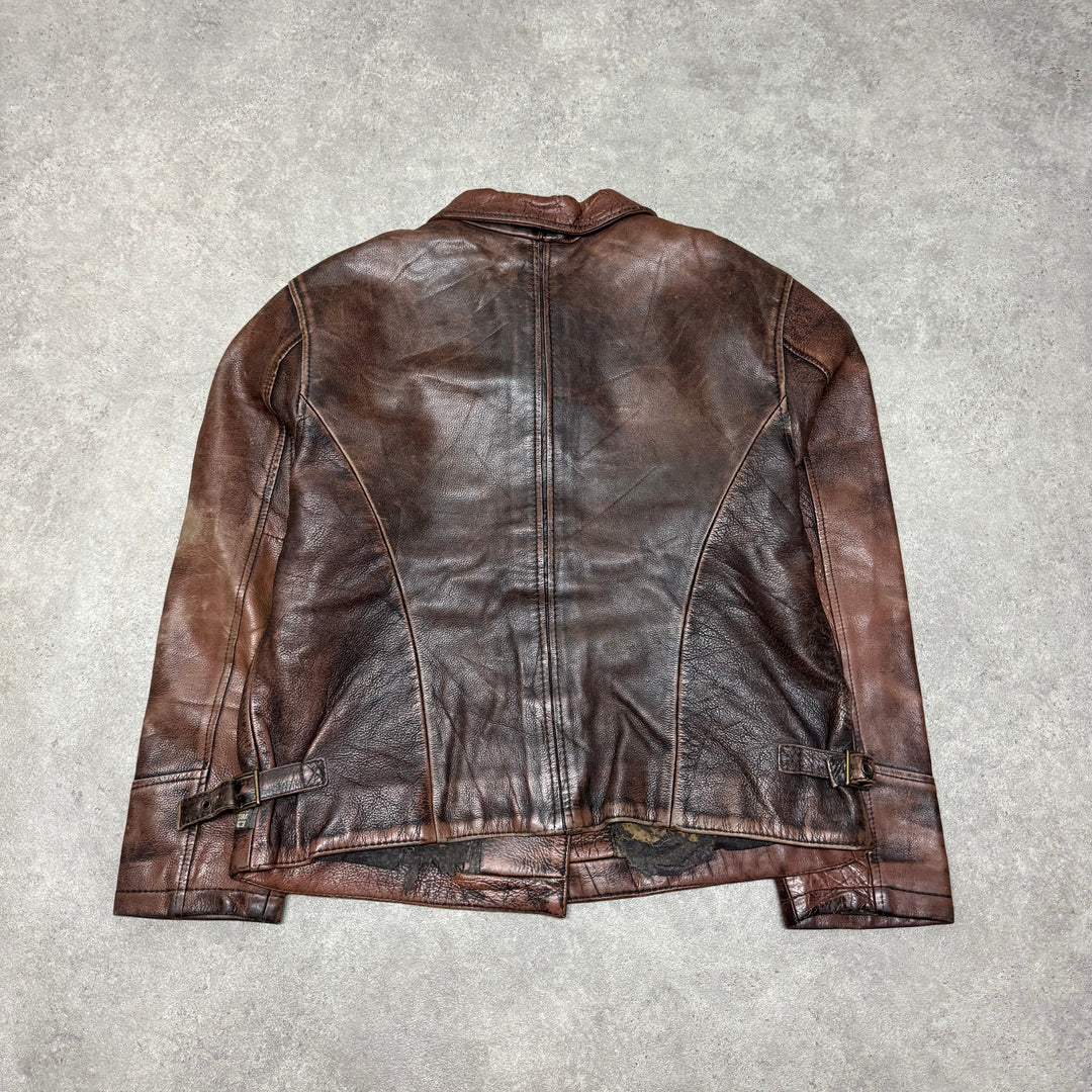 Vintage Faded Brown Leather Button Up Jacket (Women's XL)