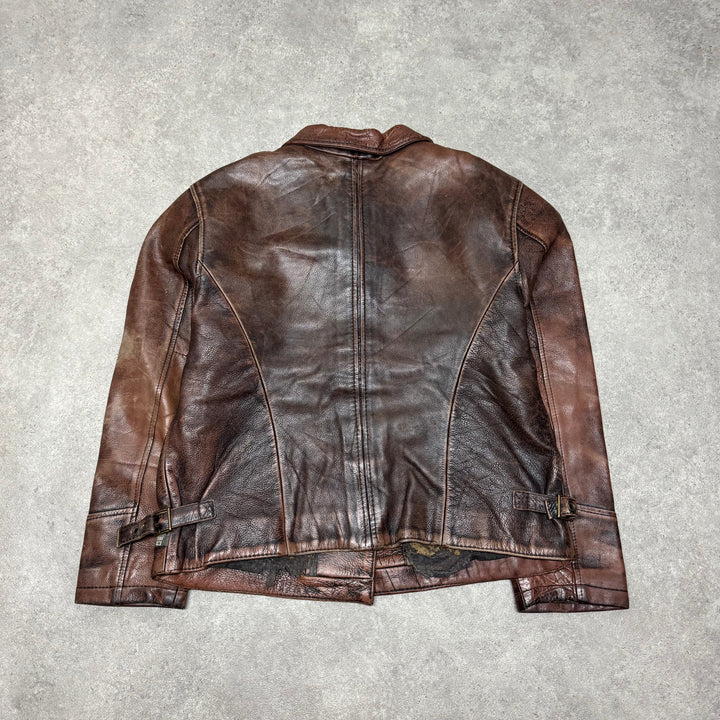 Vintage Faded Brown Leather Button Up Jacket (Women's XL)