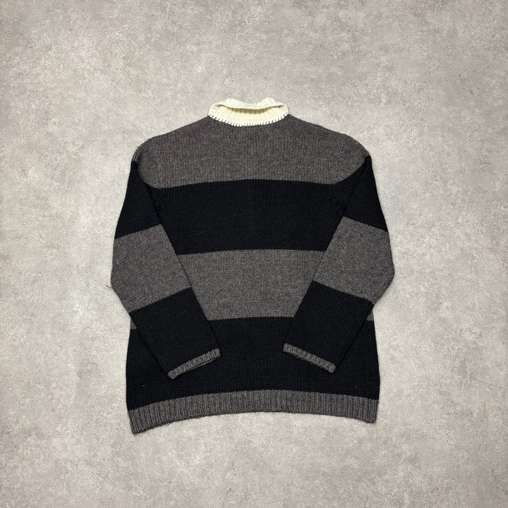 Our Legacy Grey Stripy Chunky Polo Collar Knitted Sweater (M)