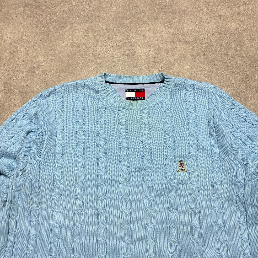 90's Vintage Tommy Hilfiger Baby Blue Cable Knitted Sweater (L)