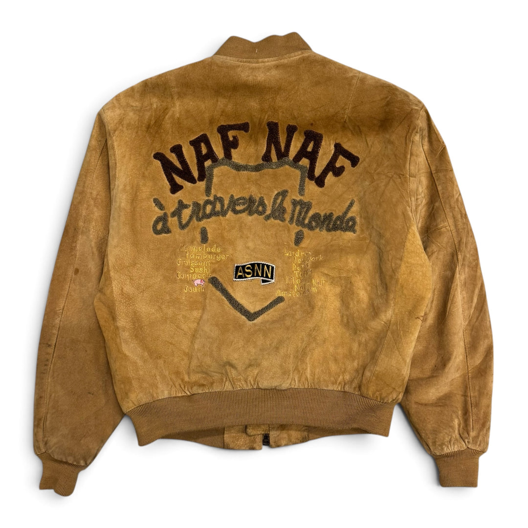 90's Vintage Naf Naf Tan Suede Distressed Bomber Jacket (S)