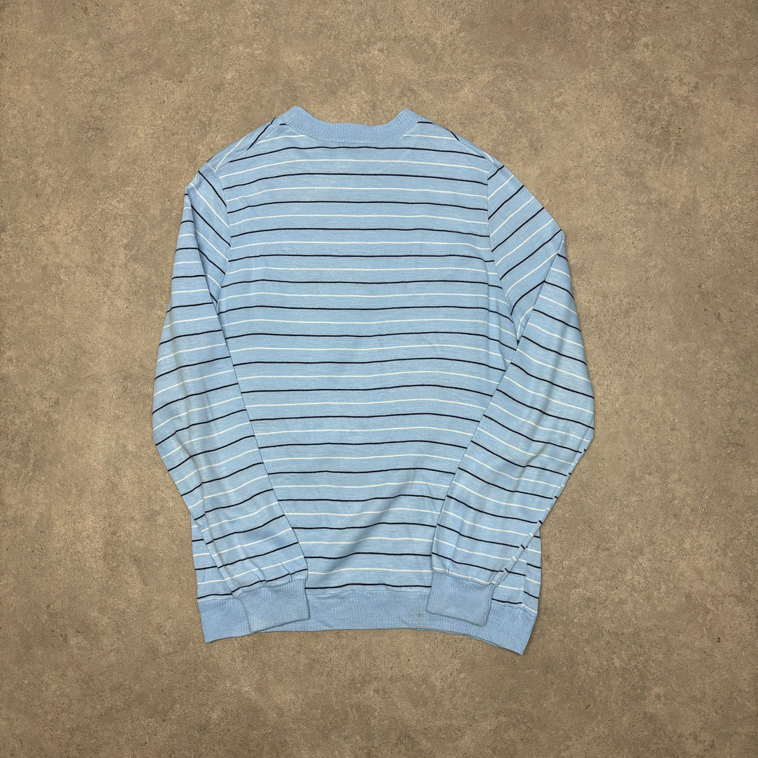 80's Vintage Adidas Blue Stripy Knitted Jumper (L)