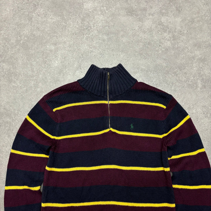 Vintage Polo Ralph Lauren Burgundy Striped Knitted Quarter Zip (S)