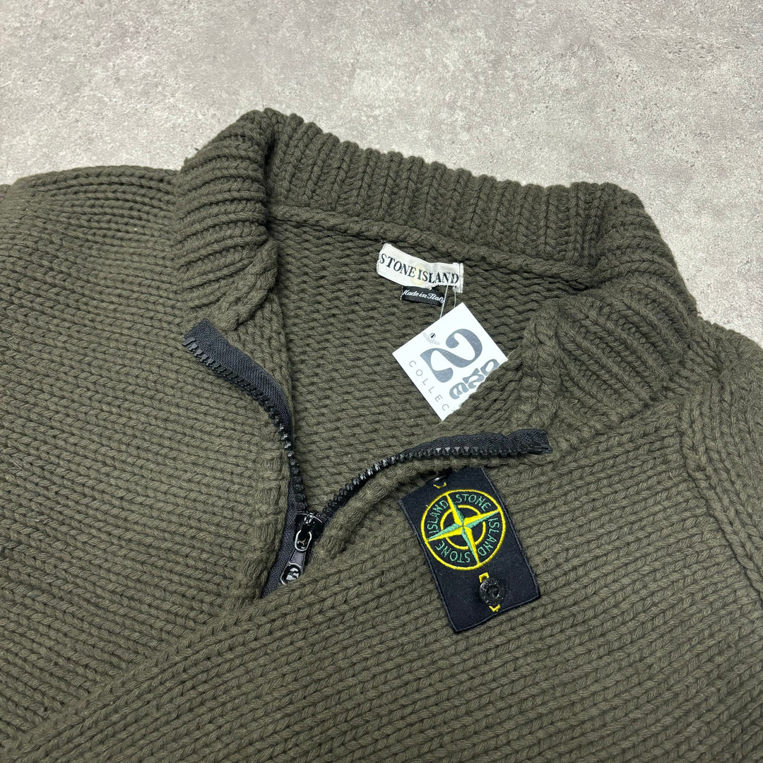 Vintage Stone Island AW 2001 Heavy Knitted Khaki Zip Up Jumper (XXL)