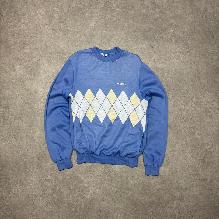 80's Vintage Adidas Blue Argyle Knitted Sweater (M)