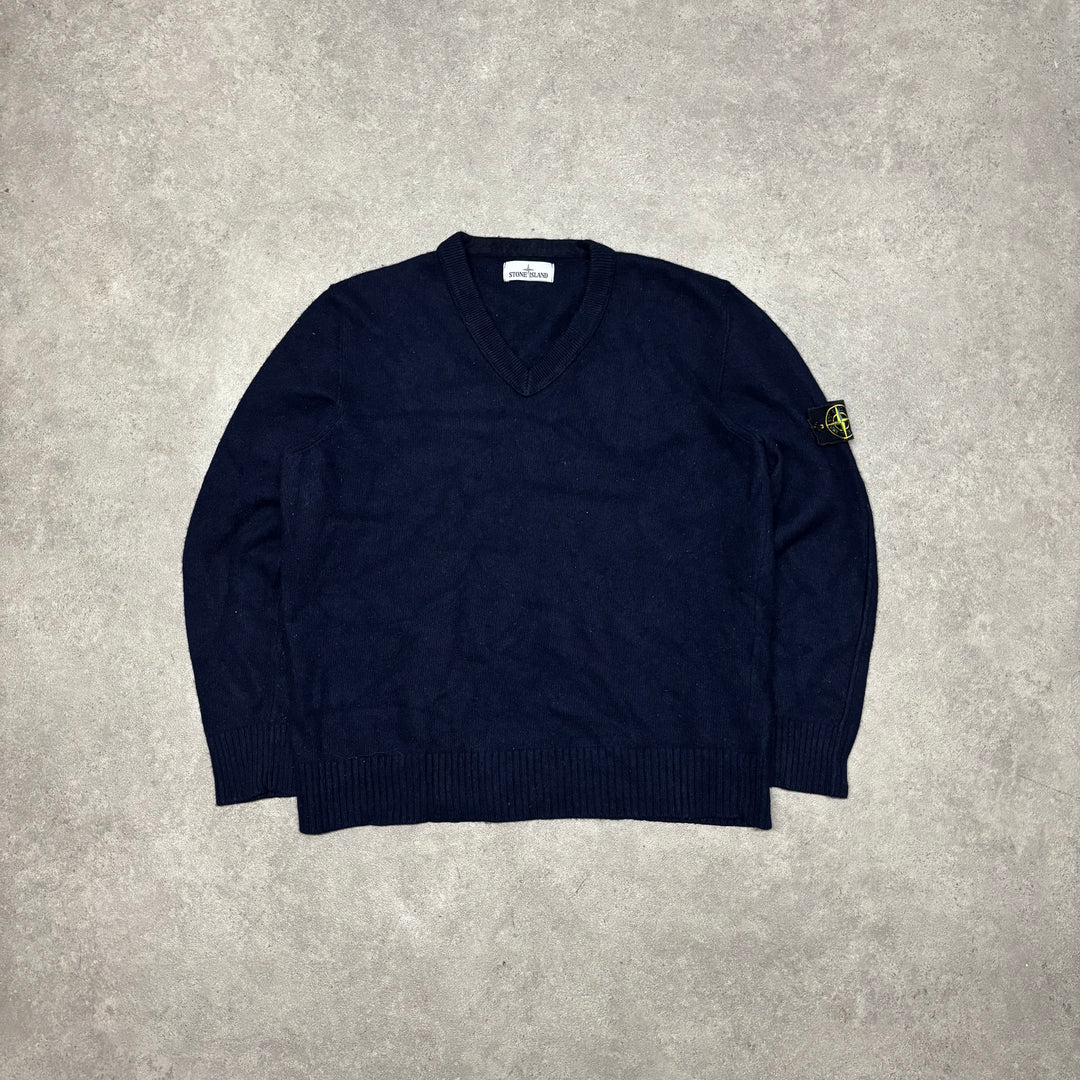 Vintage Stone Island V-Neck Navy Wool Knitted Sweater (XL)