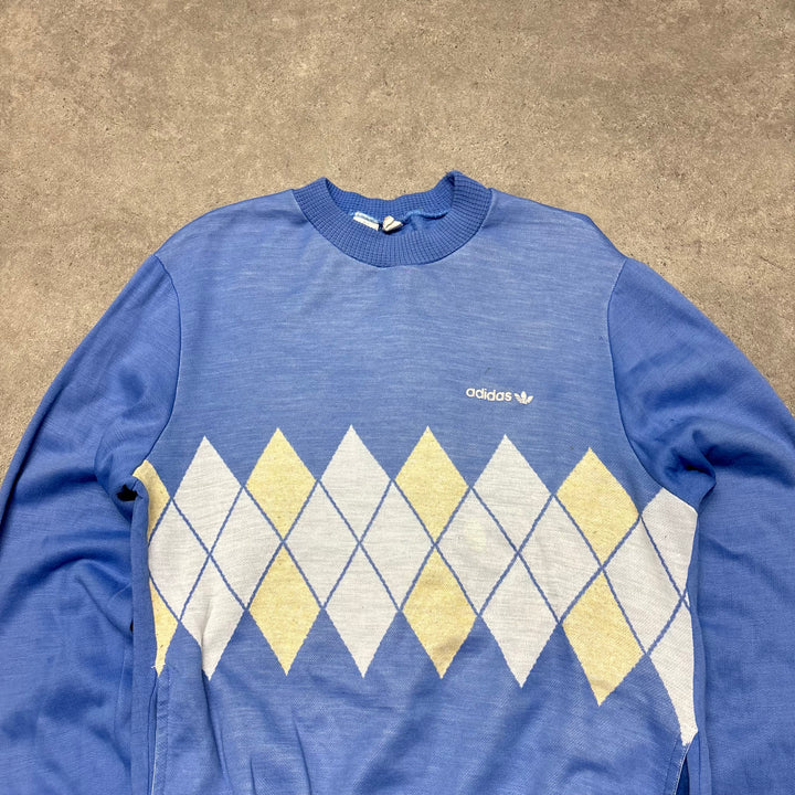80's Vintage Adidas Blue Argyle Knitted Sweater (M)